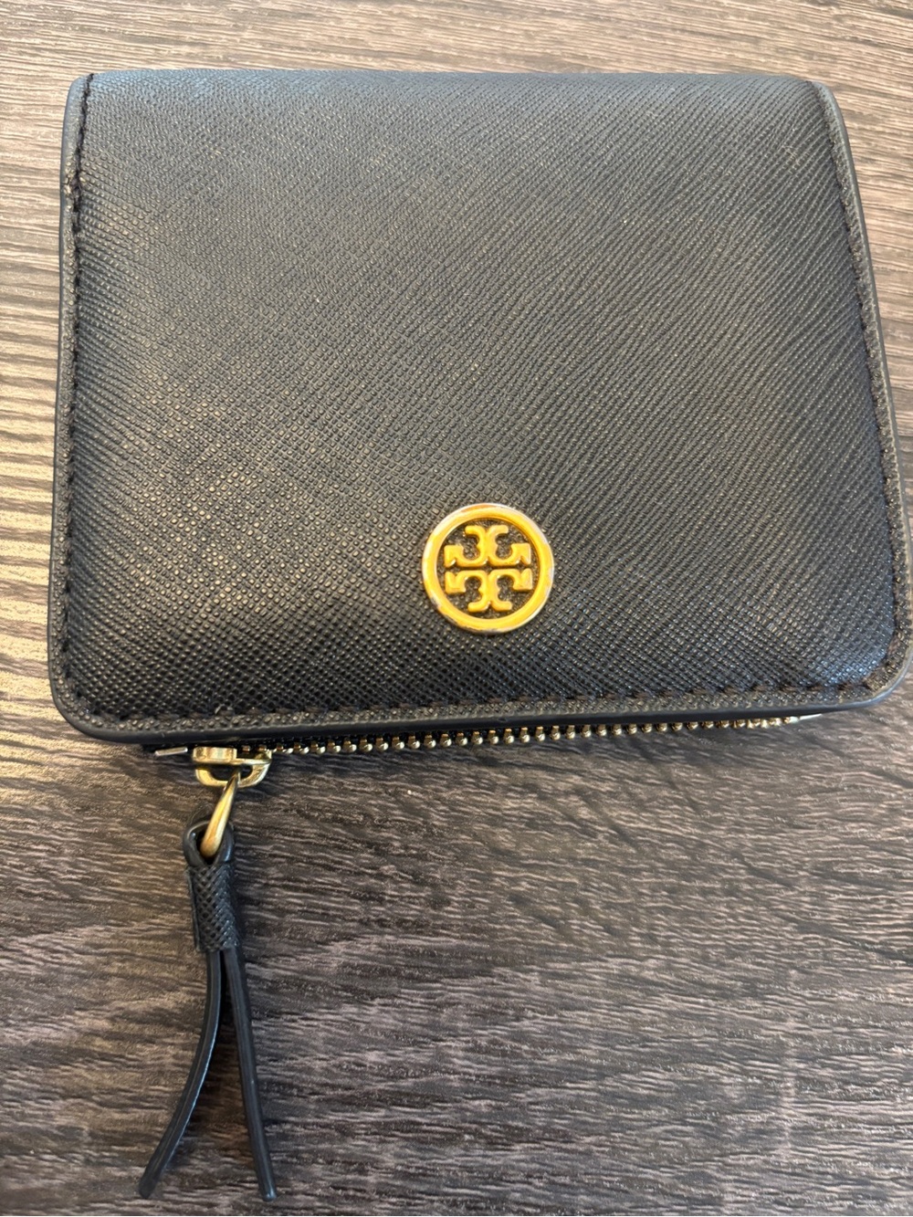 Tory Burch Black Saffiano Zip Card Holder with Gold Logo